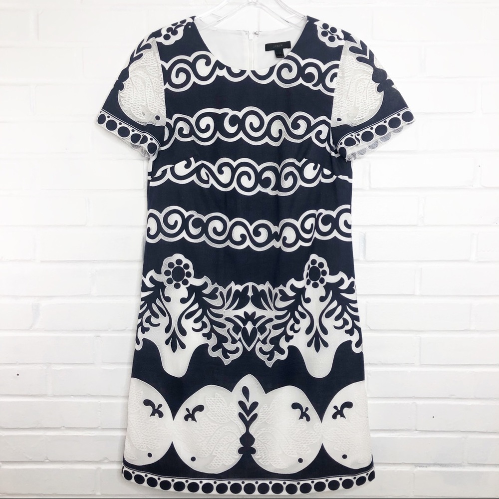 J.Crew Lace Floral Shift Dress Navy Blue White 4